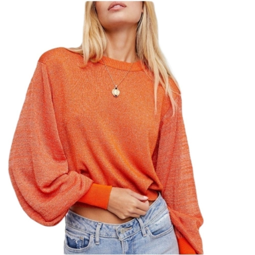 Free People Let It Shine Sweater Cropped Shimmer Orange XS R15